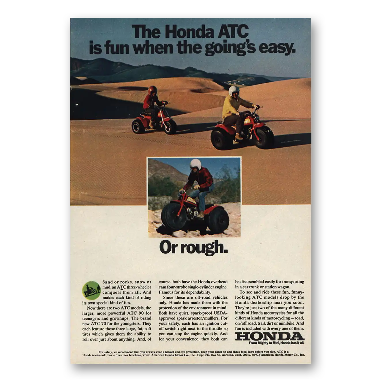 1973 Honda ATC Fun When Goings Easy or Rough Vintage Magazine Print Ad