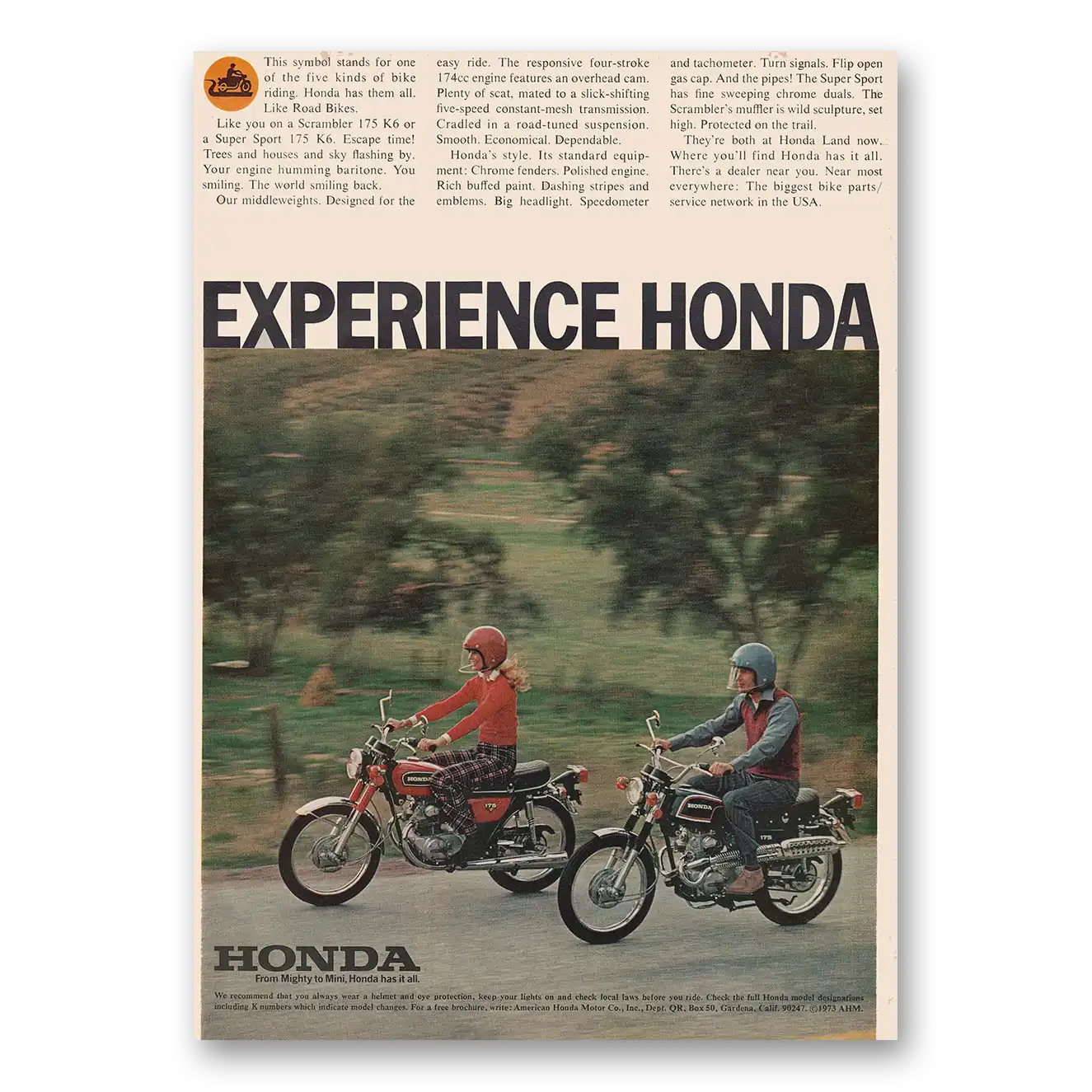 1973 Honda Motorcycle Experience Vintage Magazine Print Ad