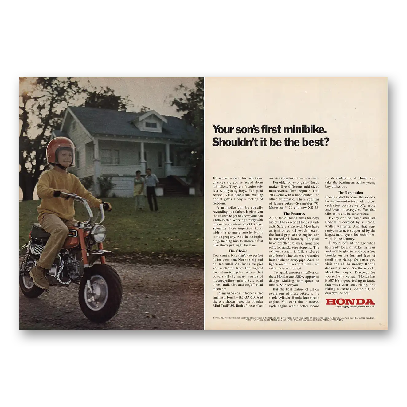 1973 Honda Motorcycle Your Sons First Minibike Vintage Magazine Print Ad