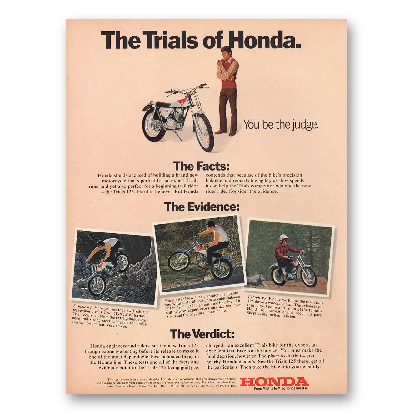 1973 Honda Motorcycle Trials Facts Evidence Vintage Magazine Print Ad