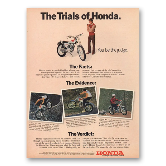 1973 Honda Motorcycle Trials Facts Evidence Vintage Magazine Print Ad