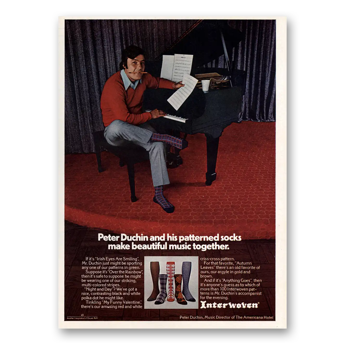 1973 Interwoven Socks Peter Duchin and His Patterned Socks Vintage Magazine Print Ad