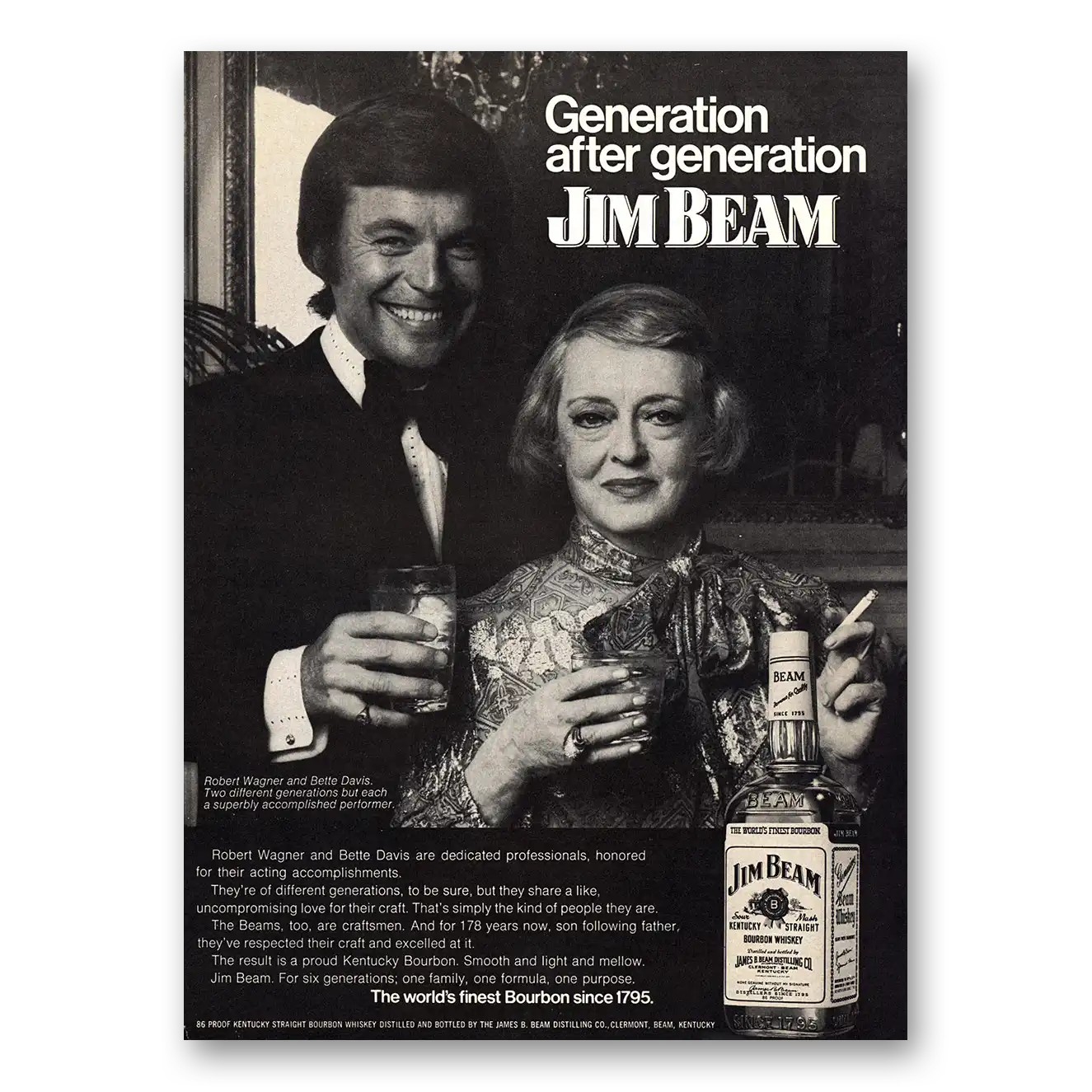 1973 Jim Beam Whiskey Robert Wagner Bette Davis Vintage Magazine Print Ad