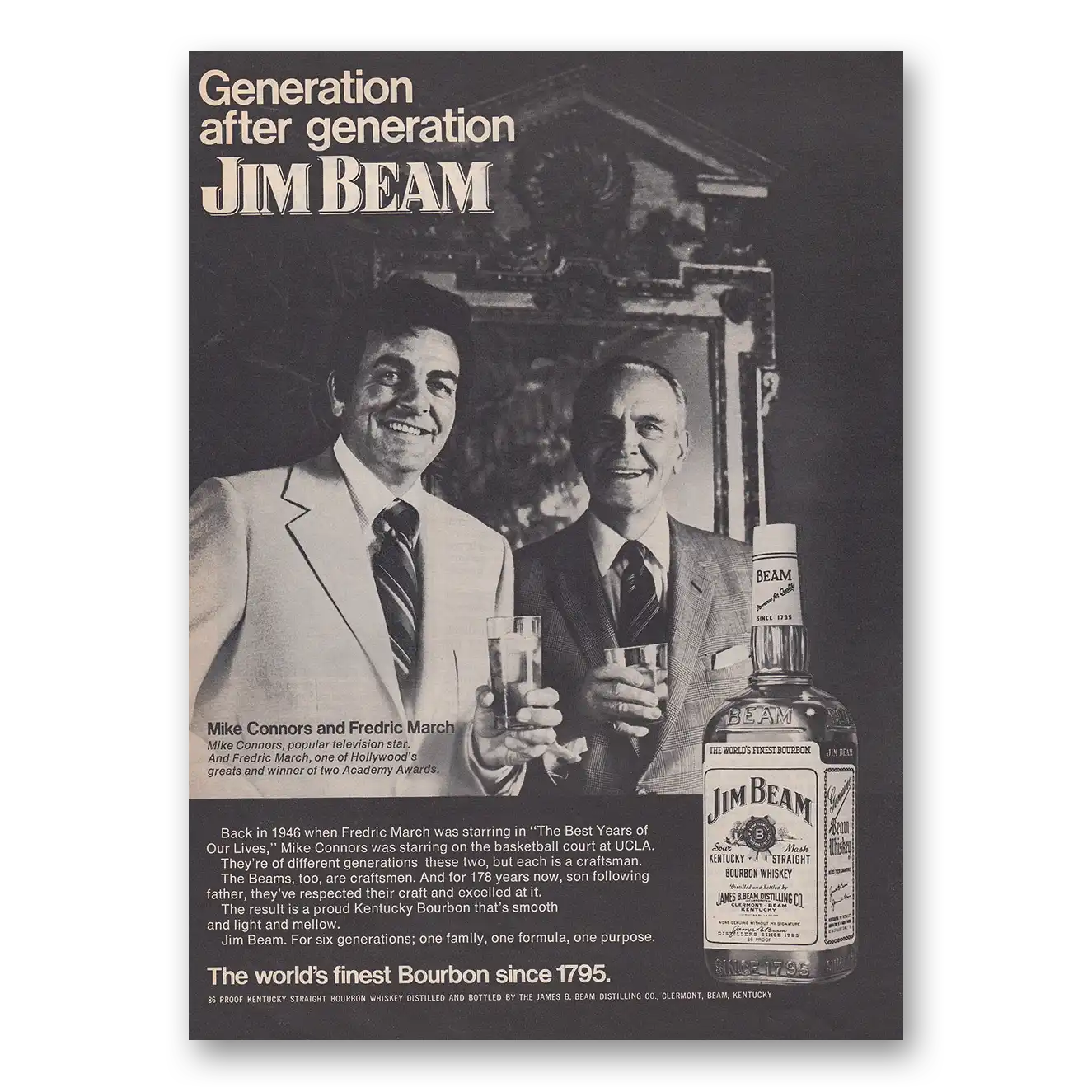 1973 Jim Beam Mike Connors and Fredric March Vintage Magazine Print Ad