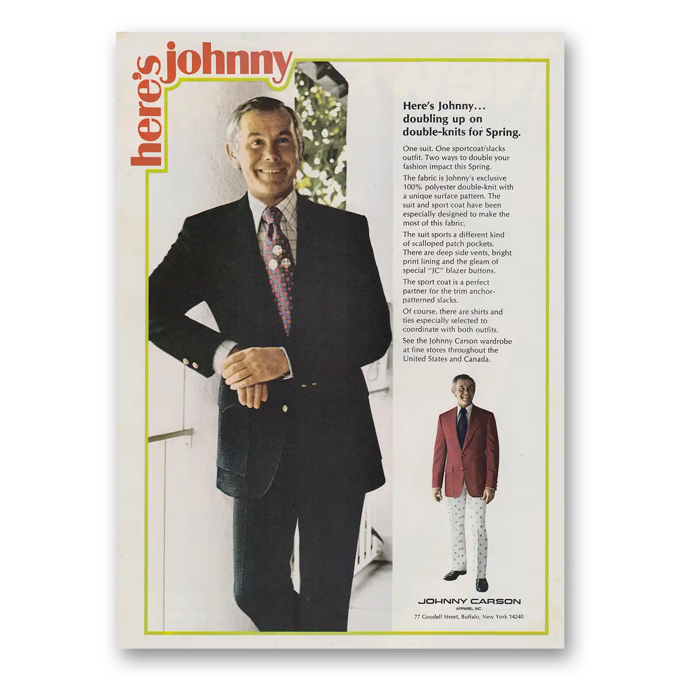 1973 Johnny Carson Apparel Doubling Up On Double Knits for Spring Vintage Magazine Print Ad