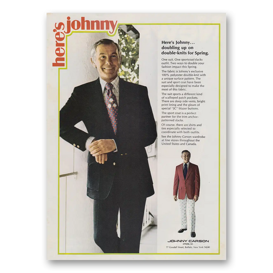 1973 Johnny Carson Apparel Doubling Up On Double Knits for Spring Vintage Magazine Print Ad