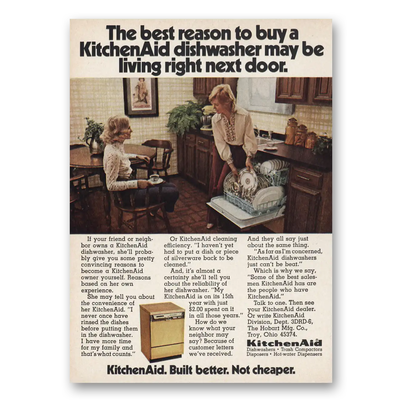 1973 KitchenAid Dishwasher Living Right Next Door Vintage Magazine Print Ad