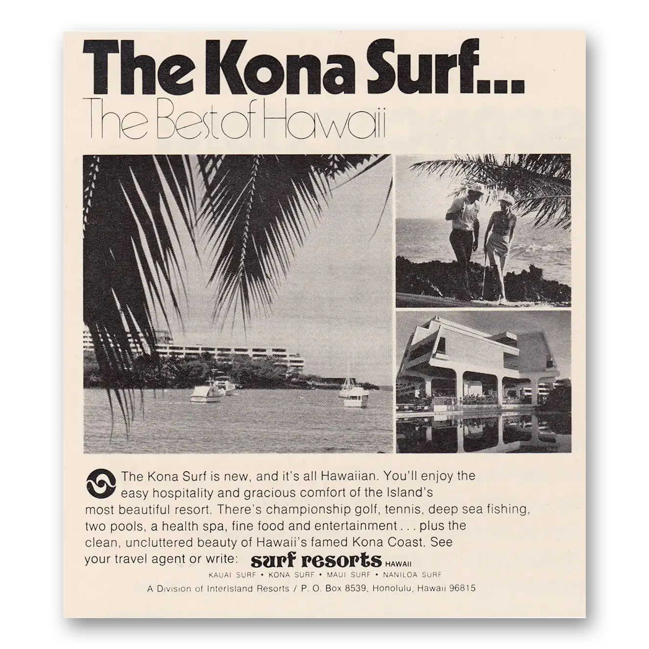 1973 Surf Resorts Hawaii Kona Surf Vintage Magazine Print Ad