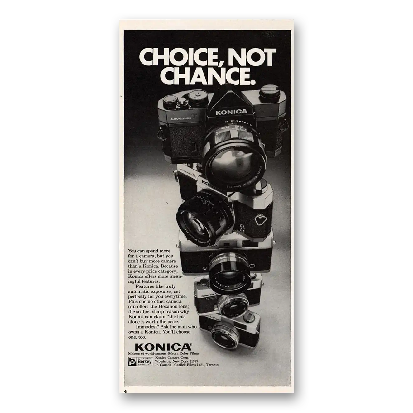 1973 Konica Camera Choice Not Chance Vintage Magazine Print Ad