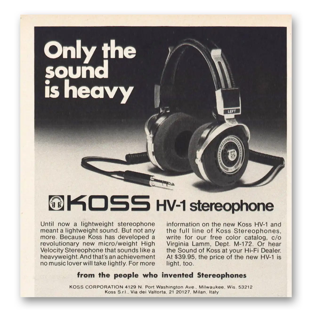 1973 Koss Stereophones HV1 Stereophone Only the Sound Is Heavy Vintage Magazine Print Ad