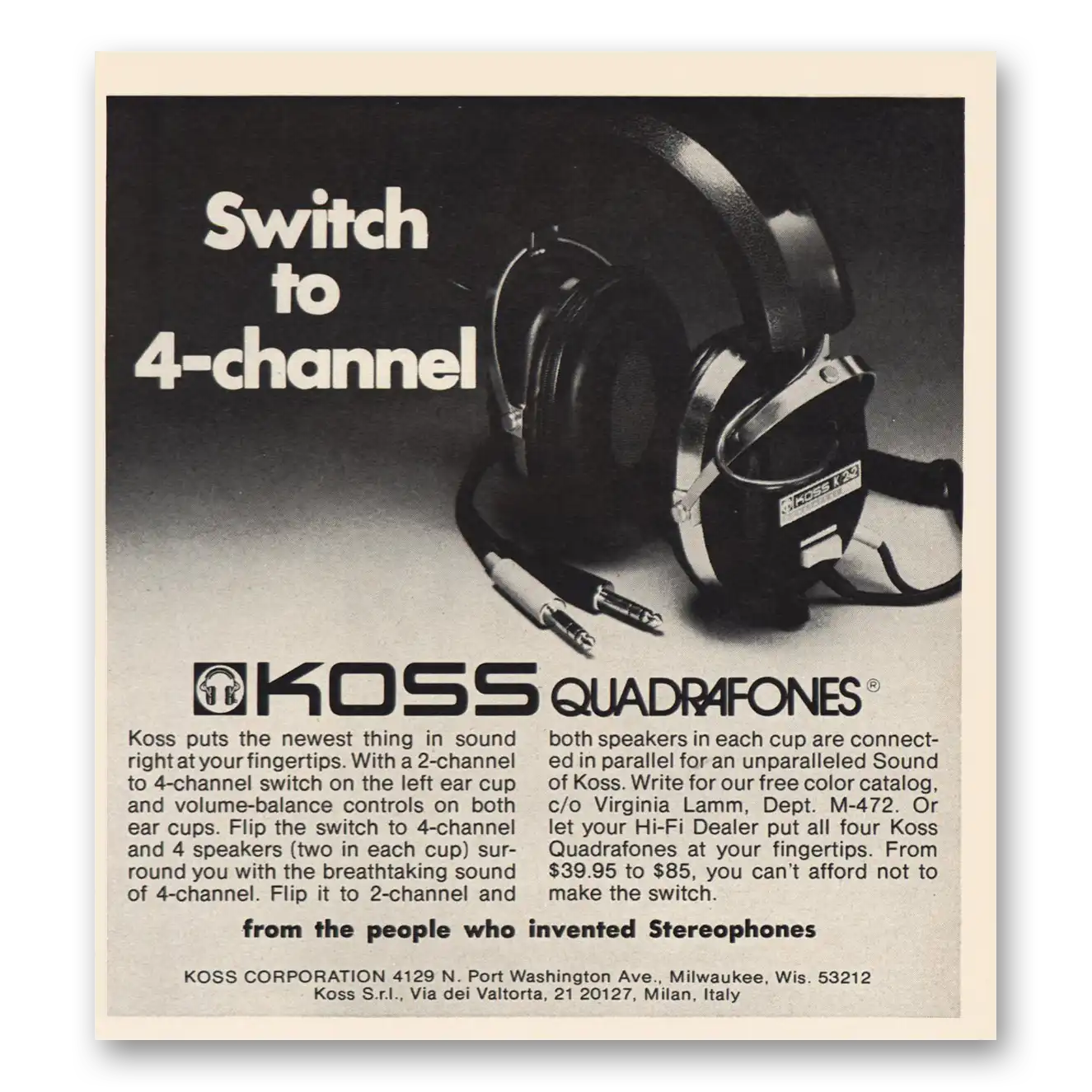 1973 Koss Stereophones Quadrafones Switch to 4 Channel Vintage Magazine Print Ad