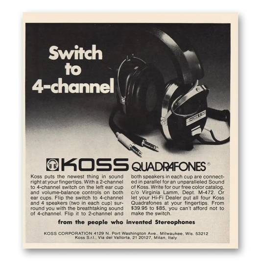 1973 Koss Stereophones Quadrafones Switch to 4 Channel Vintage Magazine Print Ad