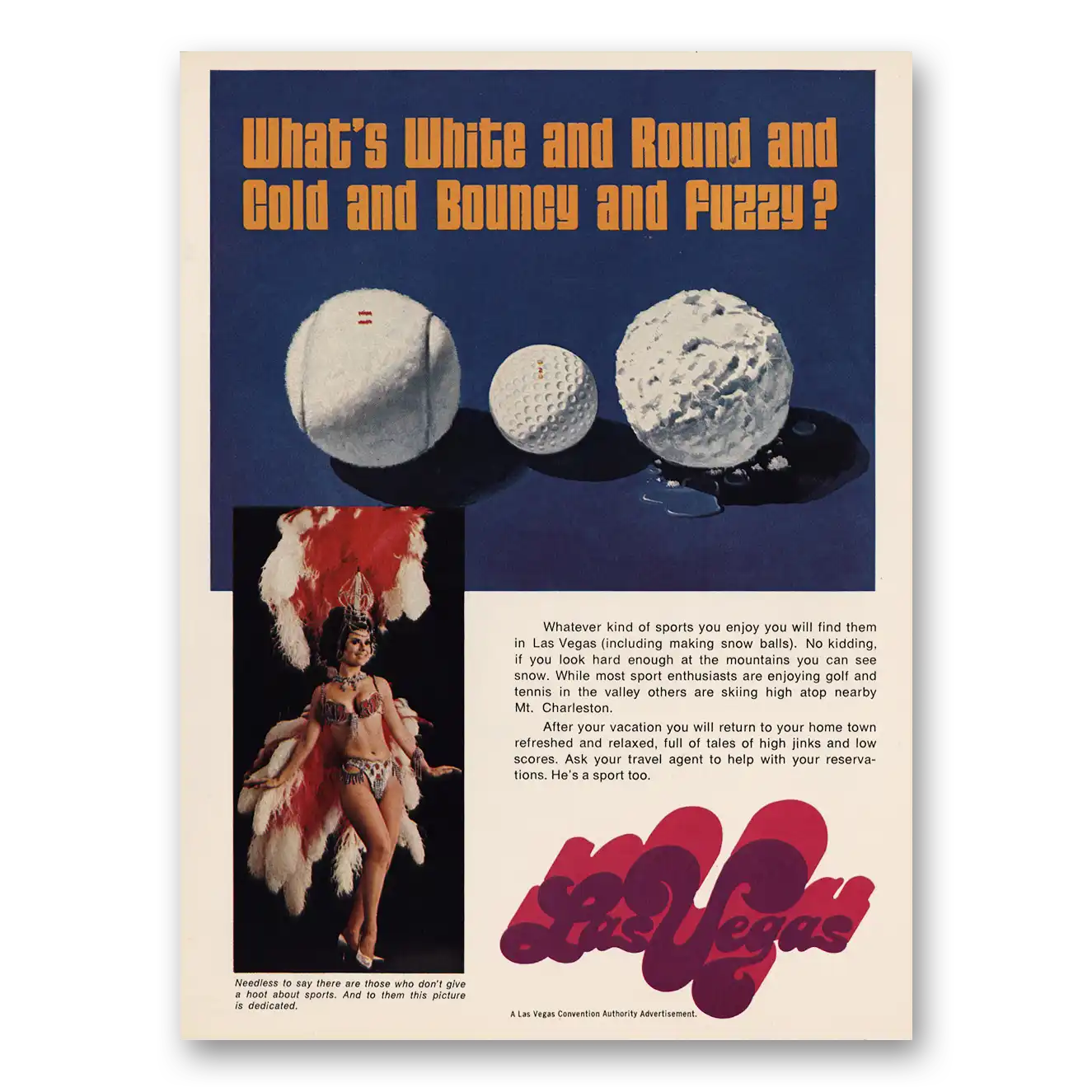 1973 Las Vegas Nevada White and Round and Gold and Bouncy and Fuzzy Vintage Magazine Print Ad