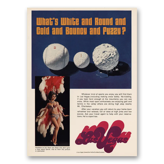 1973 Las Vegas Nevada White and Round and Gold and Bouncy and Fuzzy Vintage Magazine Print Ad