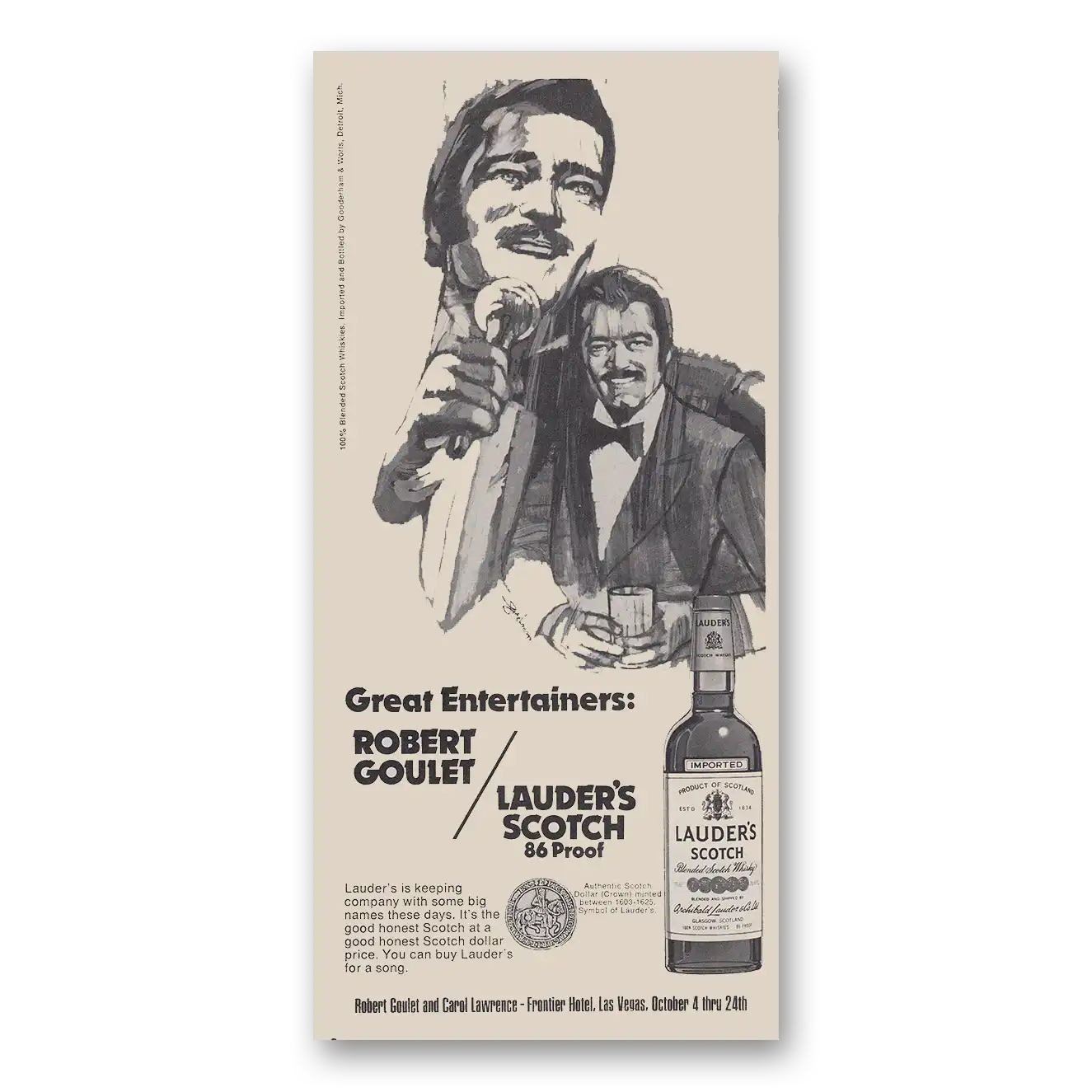 1973 Lauders Scotch Great Entertainers Robert Goulet Vintage Magazine Print Ad