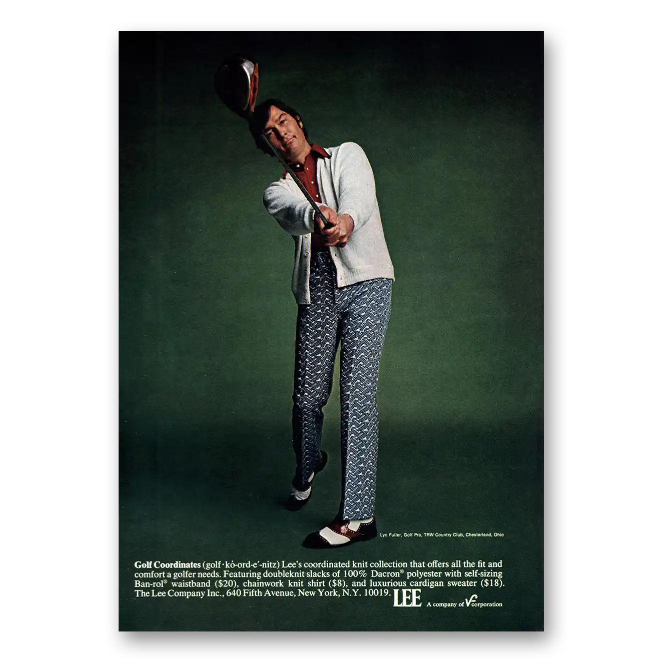 1973 Lee Menswear Golf Coordinates Lyn Fuller Golf Pro Vintage Magazine Print Ad