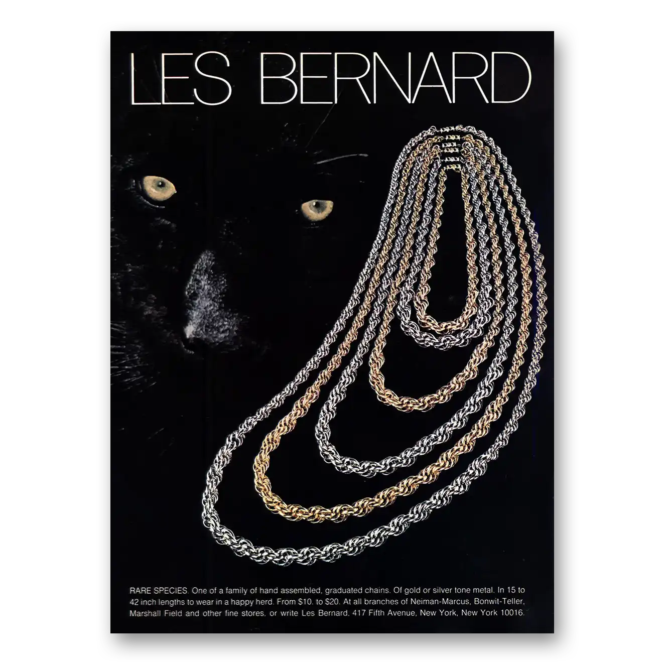 1973 Les Bernard Jewelry Rare Species Graduated Chains Vintage Magazine Print Ad