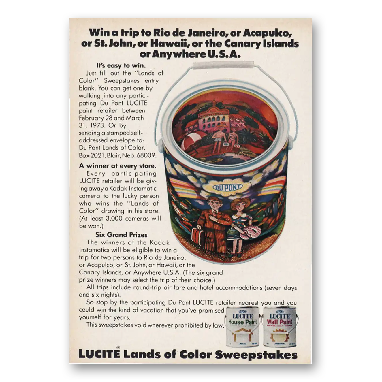 1973 DuPont Lucite Paint Win a Trip to Rio de Janeiro Vintage Magazine Print Ad