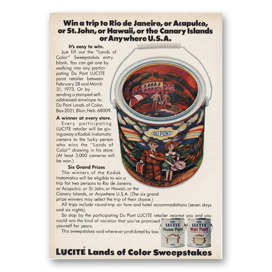 1973 DuPont Lucite Paint Win a Trip to Rio de Janeiro Vintage Magazine Print Ad