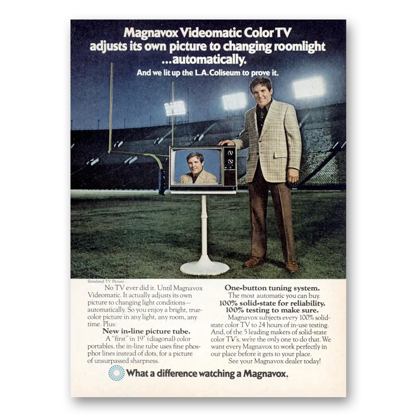 1973 Magnavox Videomatic Color TV We Lit Up the LA Coliseum to Prove It Vintage Magazine Print Ad