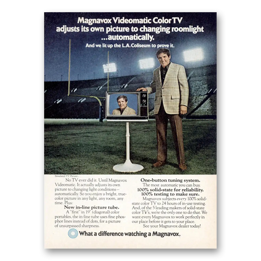 1973 Magnavox Videomatic Color TV We Lit Up the LA Coliseum to Prove It Vintage Magazine Print Ad