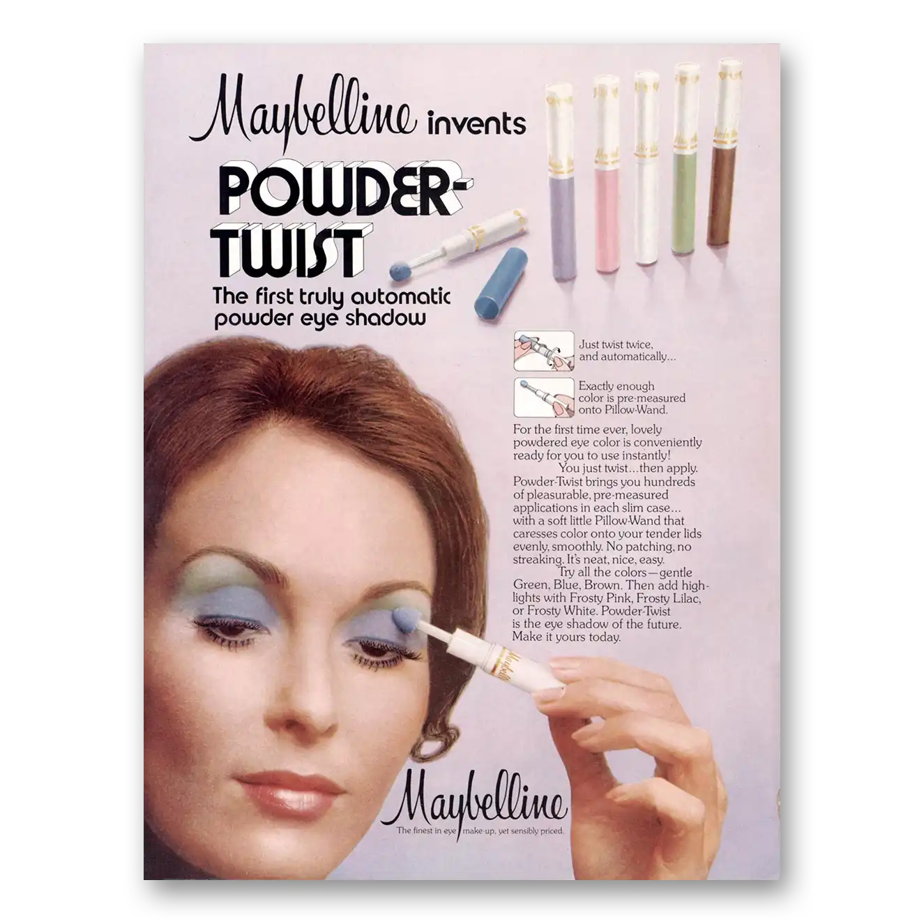 1973 Maybelline Powder Twist Eye Shadow First Truly Automatic Powder Vintage Magazine Print Ad