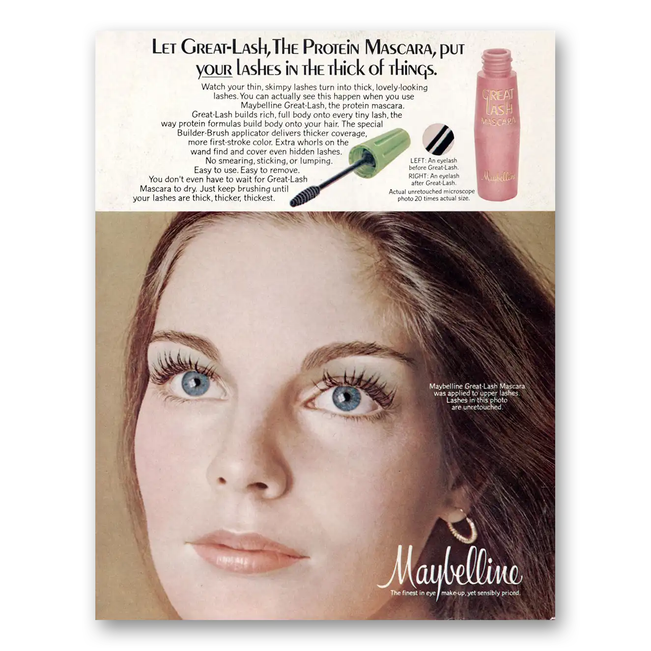 1973 Maybelline Mascara Great Lash the Protein Mascara Vintage Magazine Print Ad