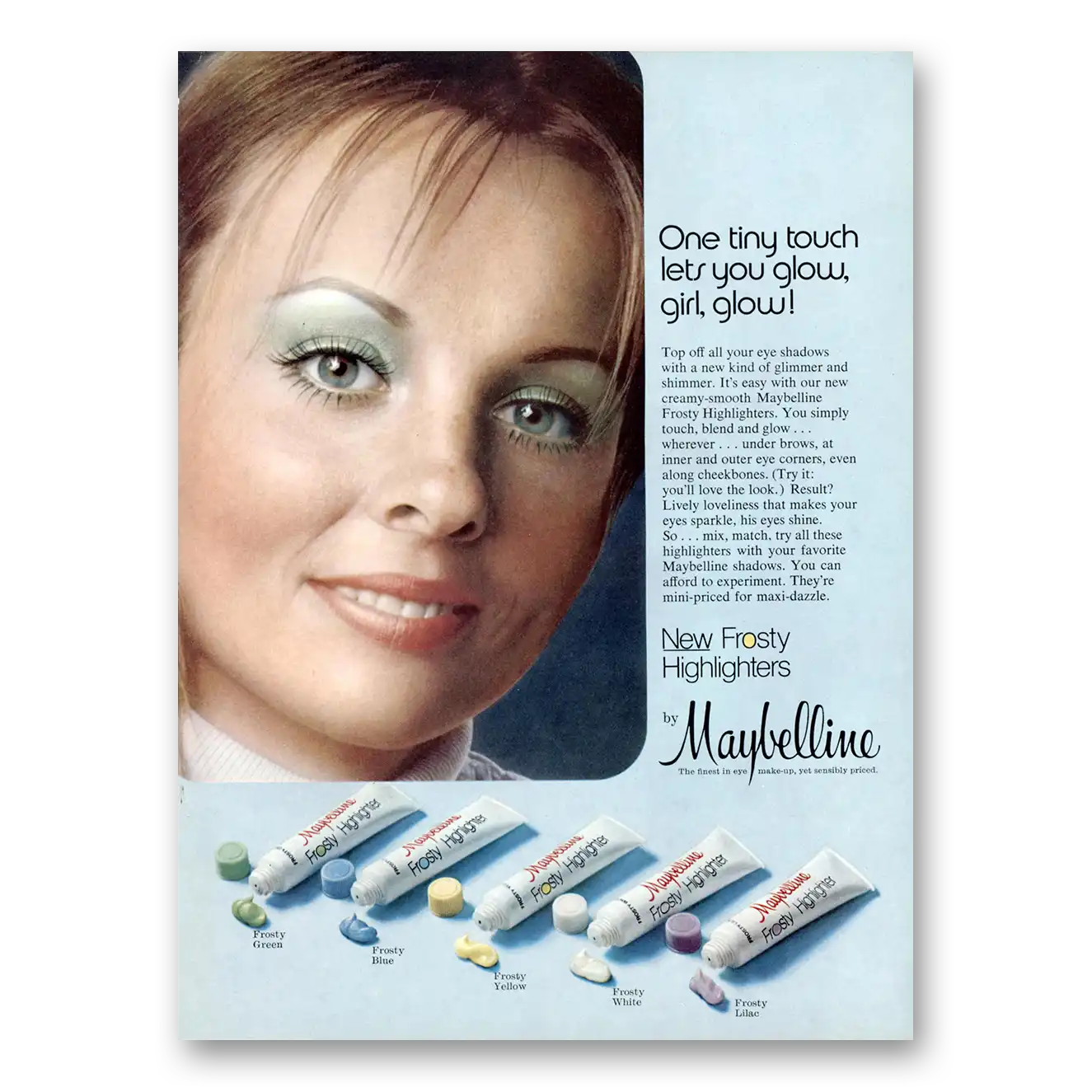 1973 Maybelline Frosty Highlighters One Tiny Touch Lets You Glow Vintage Magazine Print Ad