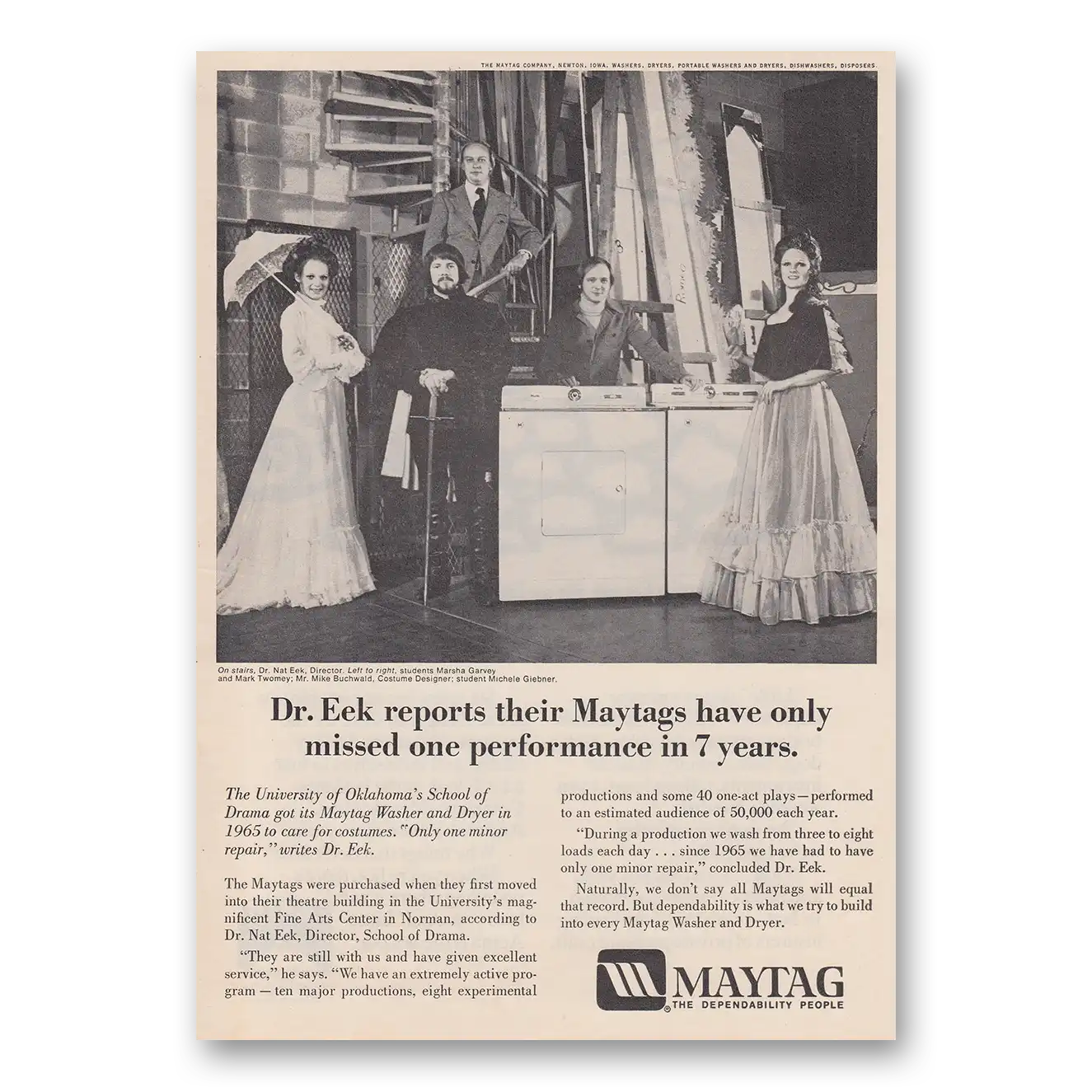 1973 Maytag Washer Dryer University of Oklahoma School of Drama Mr Eek Vintage Magazine Print Ad