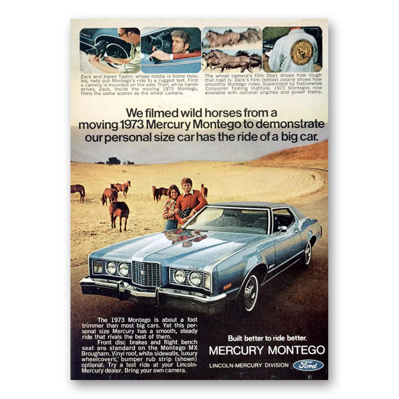 1973 Mercury Montego We Filmed Wild Horses Vintage Magazine Print Ad