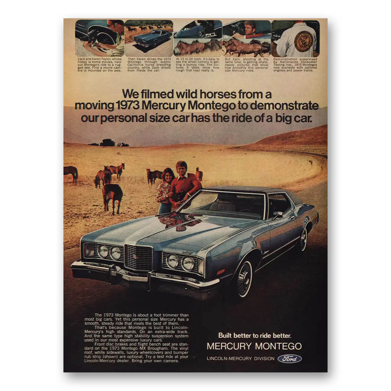 1973 Mercury Montego Filmed Wild Horses Vintage Magazine Print Ad