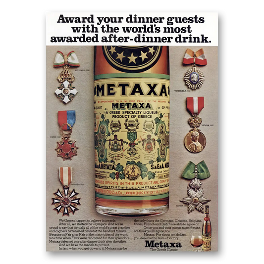 1973 Metaxa Award Your Dinner Guests Vintage Magazine Print Ad