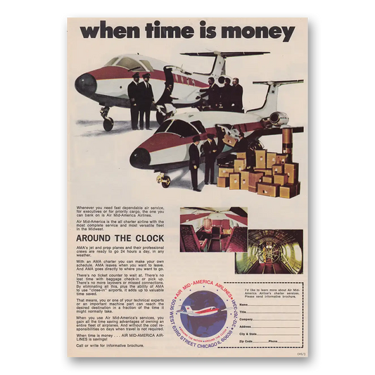 1973 Air Mid America Airlines When Time Is Money Vintage Magazine Print Ad