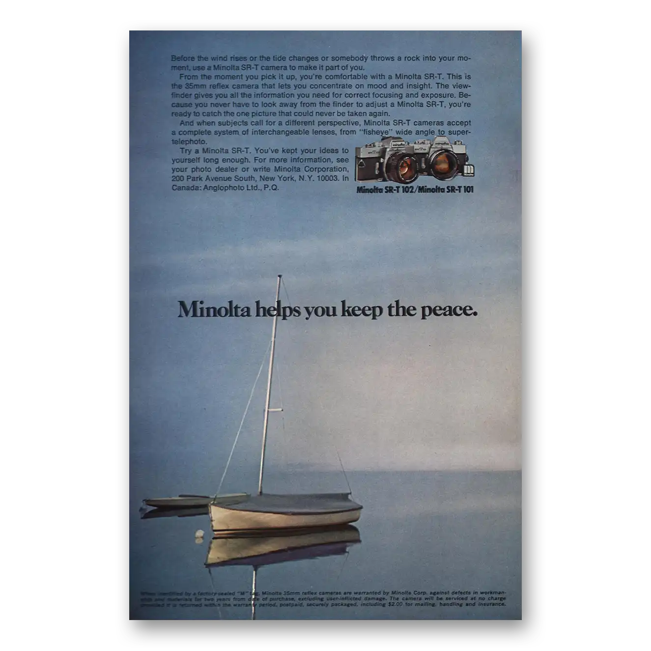 1973 Minolta SRT Camera Helps You Keep the Peace Vintage Magazine Print Ad