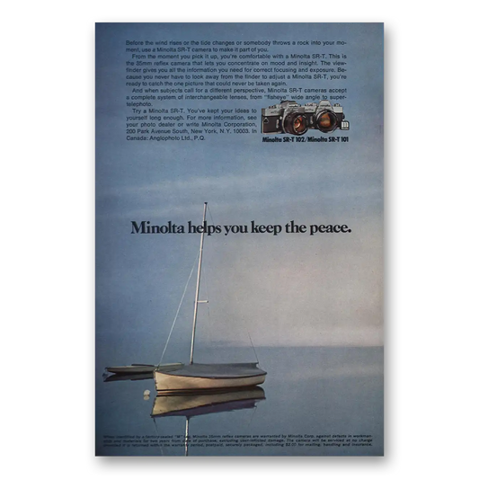 1973 Minolta SRT Camera Helps You Keep the Peace Vintage Magazine Print Ad