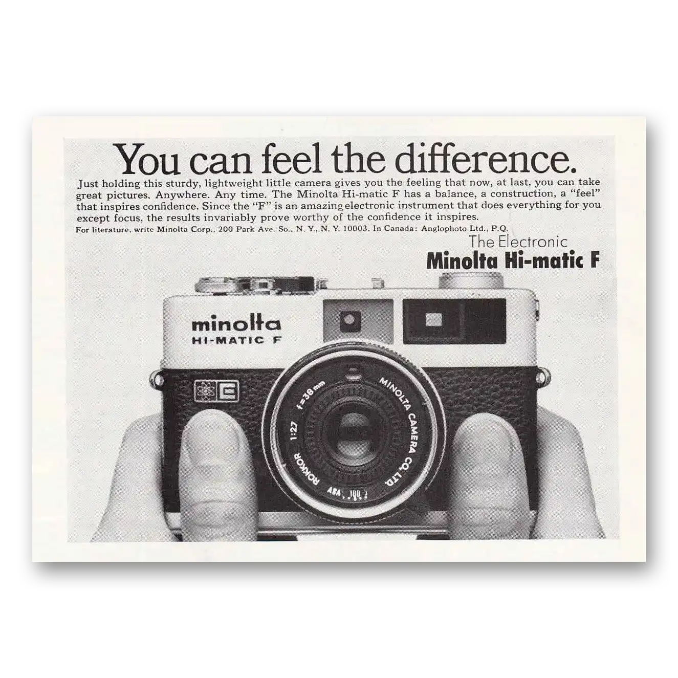 1973 Minolta Camera Hi Matic F Camera You Can Feel the Difference Vintage Magazine Print Ad