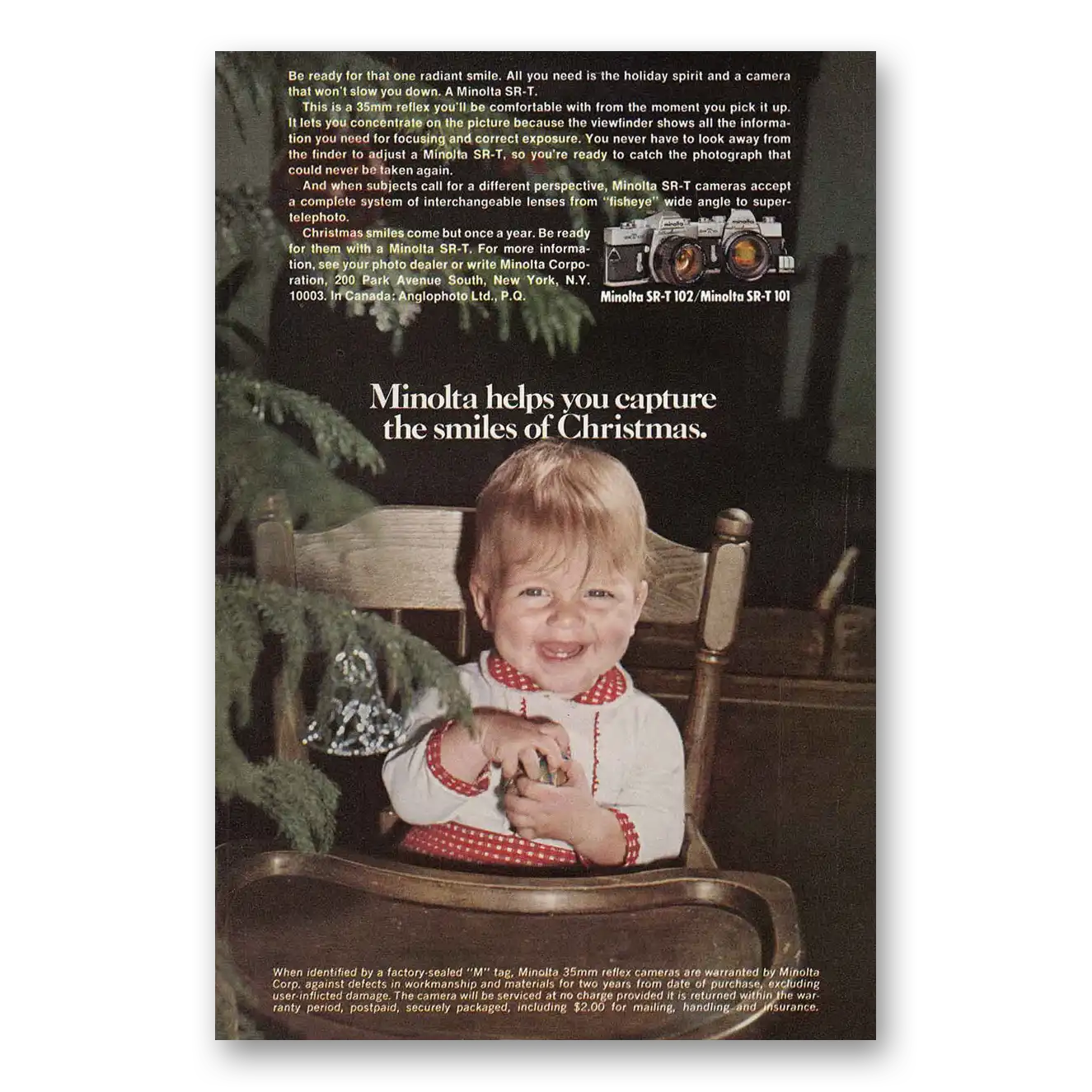 1973 Minolta SRT Camera Capture the Smiles of Christmas Vintage Magazine Print Ad