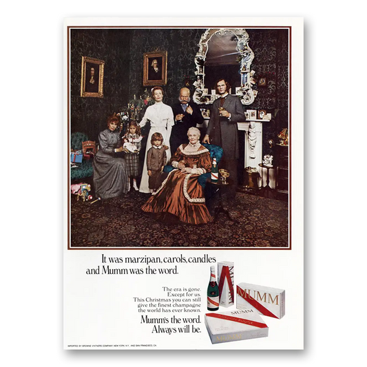 1973 Mumm Champagne Marzipan Carols Candles and Mumm Was the Word Vintage Magazine Print Ad