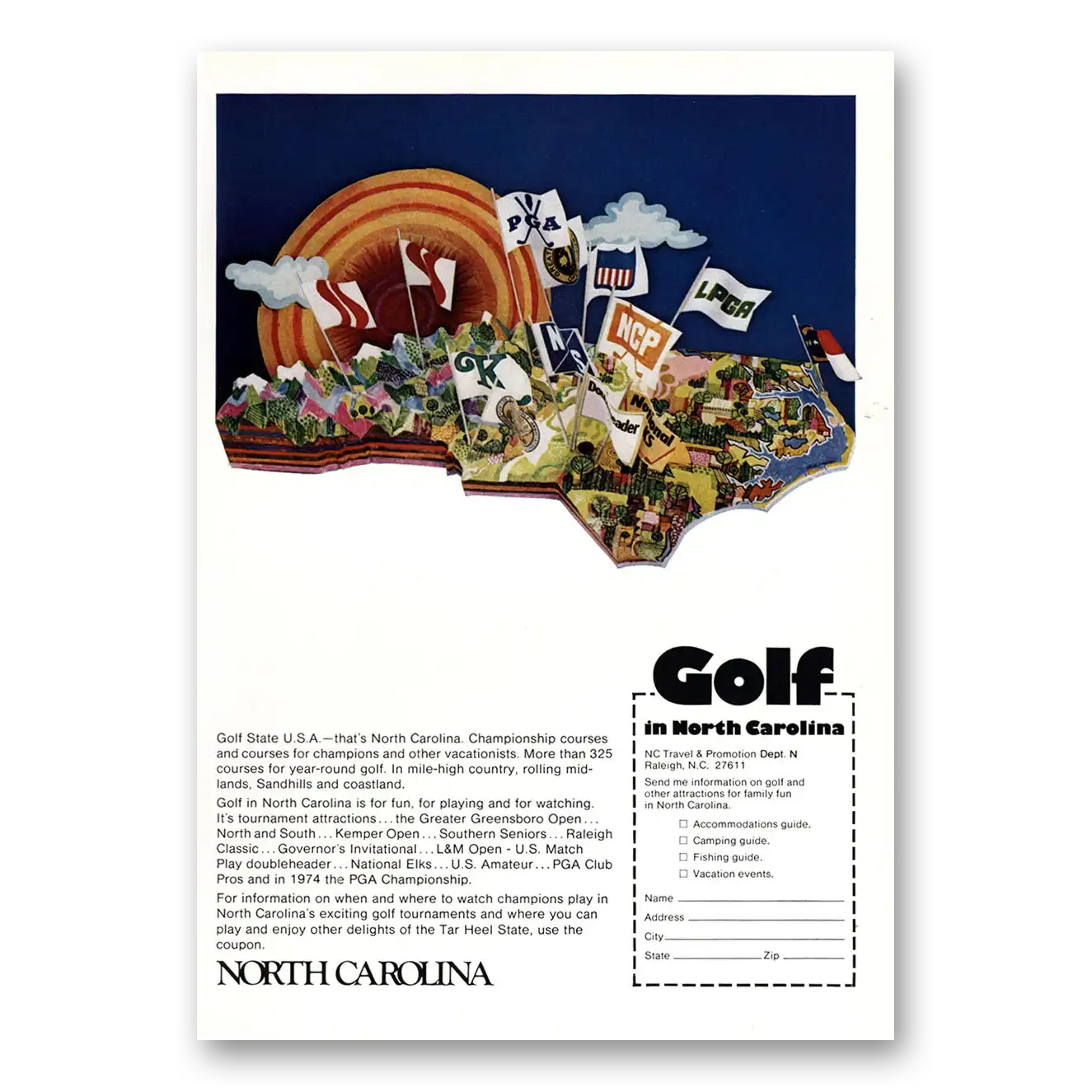 1973 North Carolina Golf State USA Vintage Magazine Print Ad