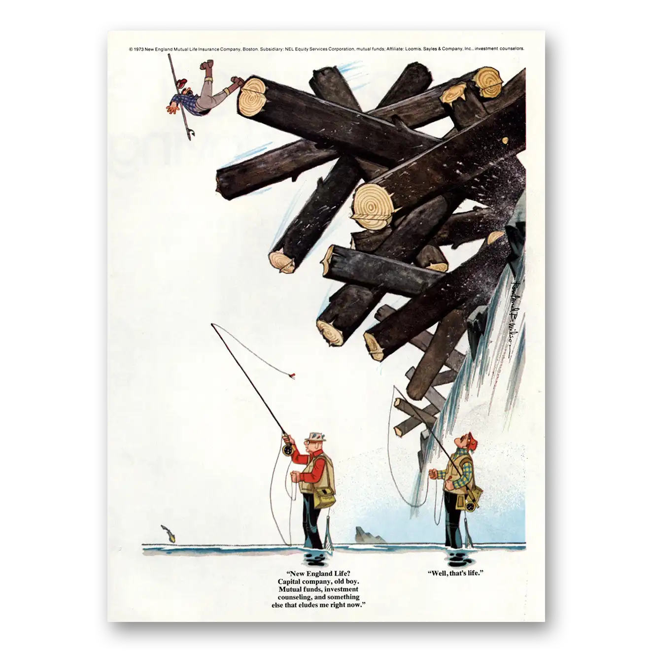 1973 New England Mutual Life Insurance Falling Logs Vintage Magazine Print Ad