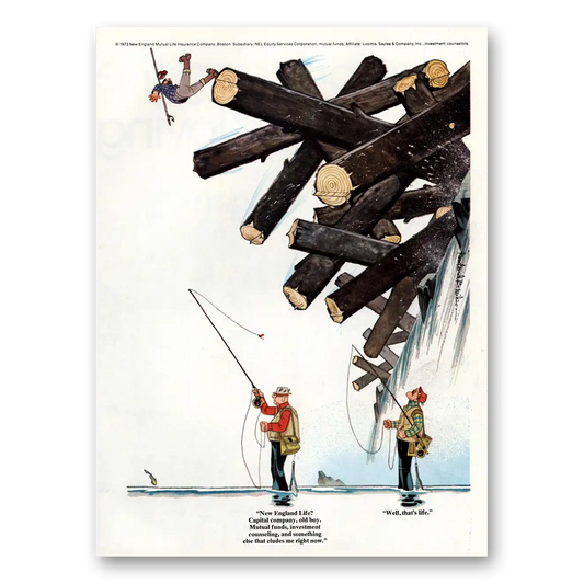 1973 New England Mutual Life Insurance Falling Logs Vintage Magazine Print Ad