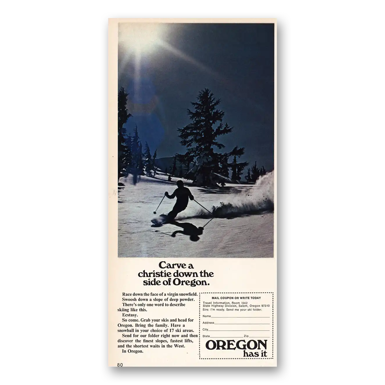 1972 Oregon Carve Christie Down the Side Vintage Magazine Print Ad