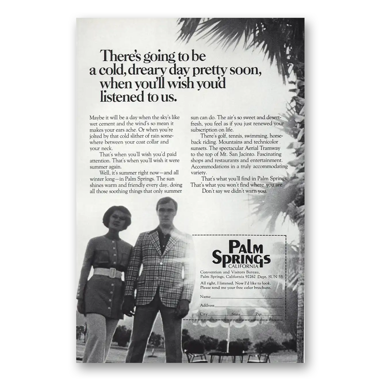 1973 Palm Springs California Cold Dreary Day Vintage Magazine Print Ad