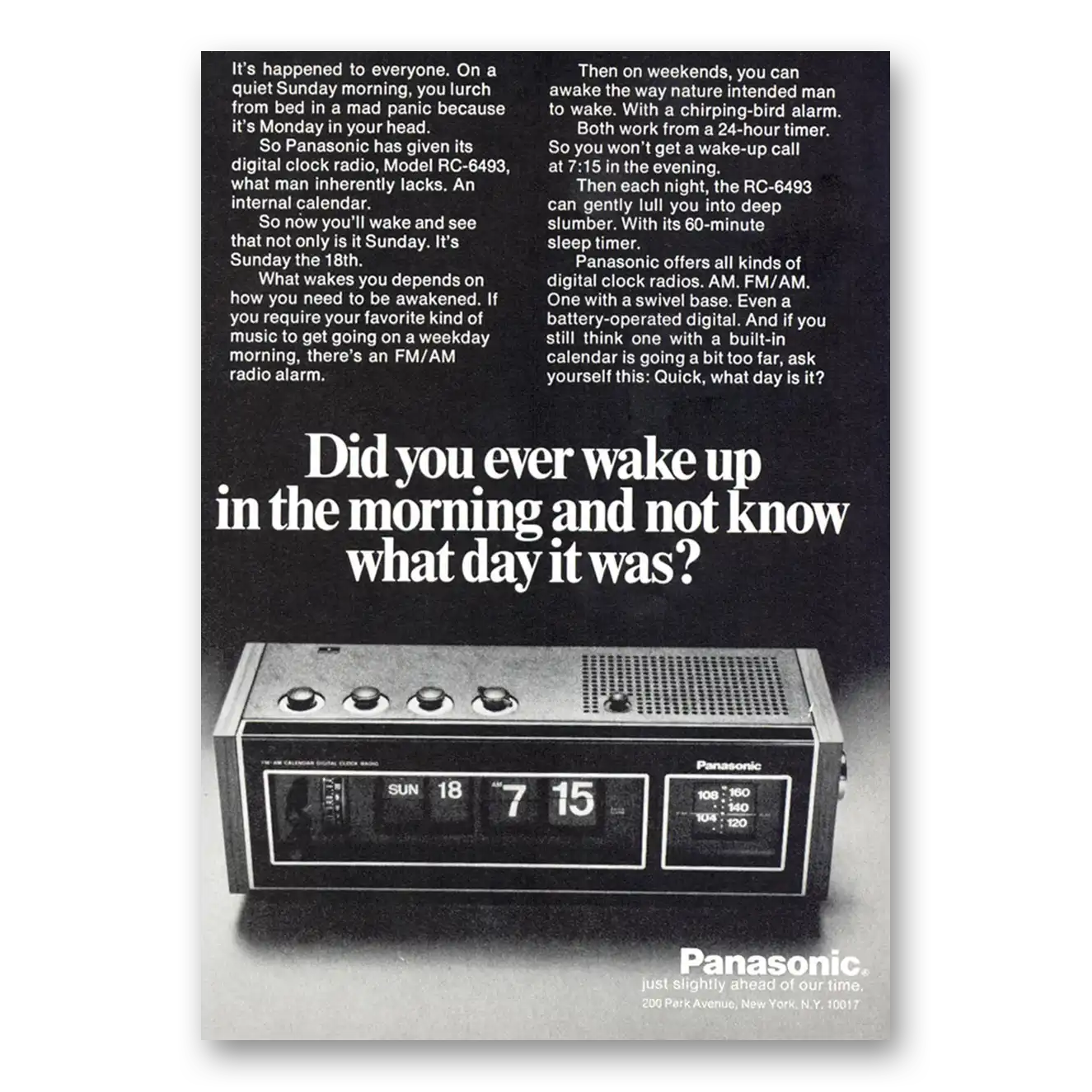 1973 Panasonic Clock Radio Wake Up in the Morning and Not Know What Day It Was Vintage Magazine Print Ad