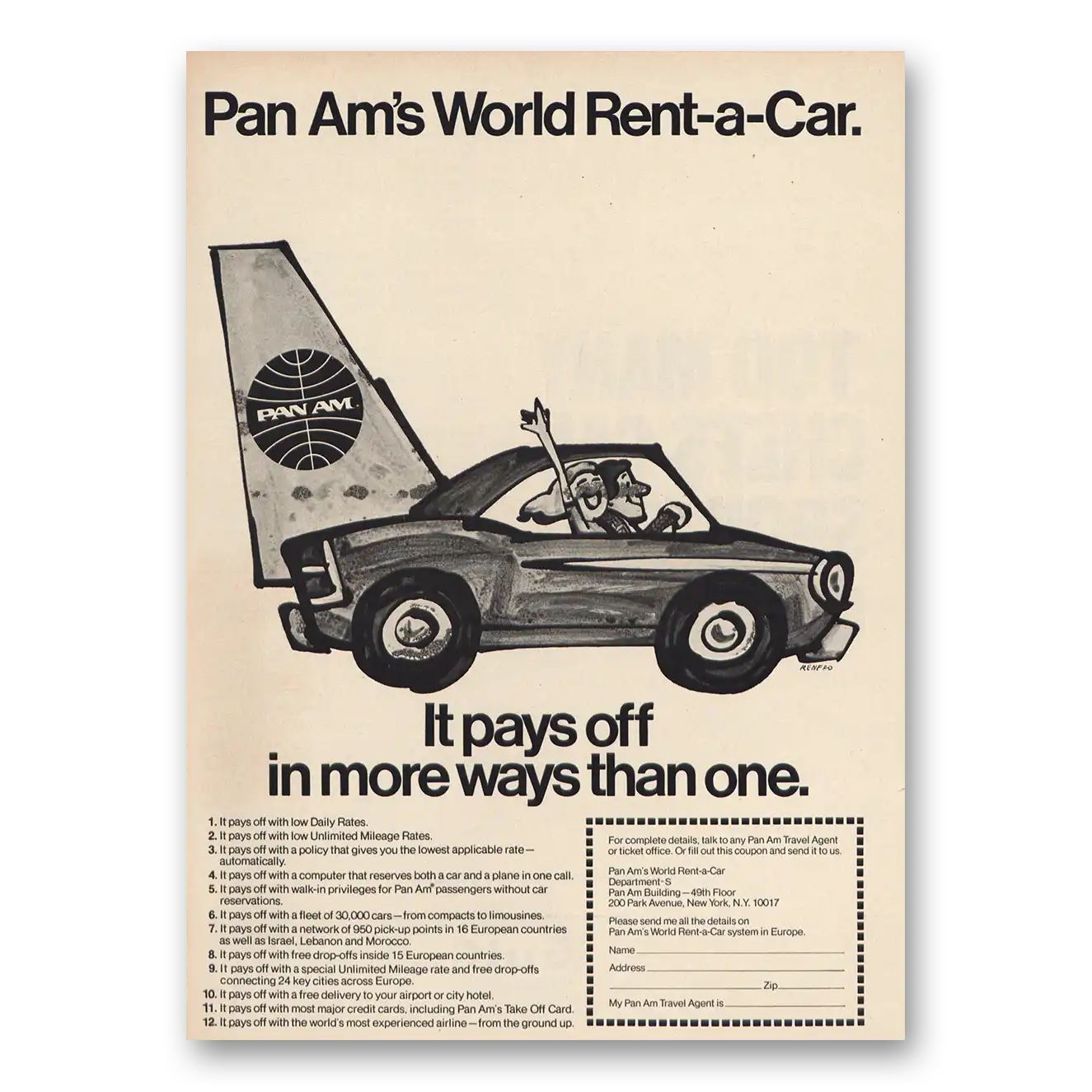 1973 Pan Am World Rent a Car Vintage Magazine Print Ad