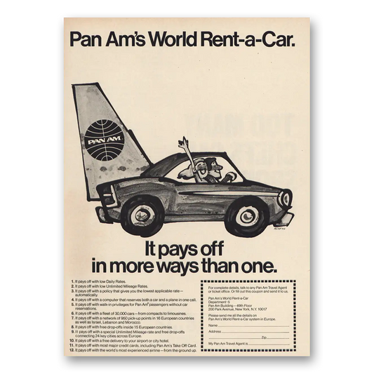 1973 Pan Am World Rent a Car Vintage Magazine Print Ad