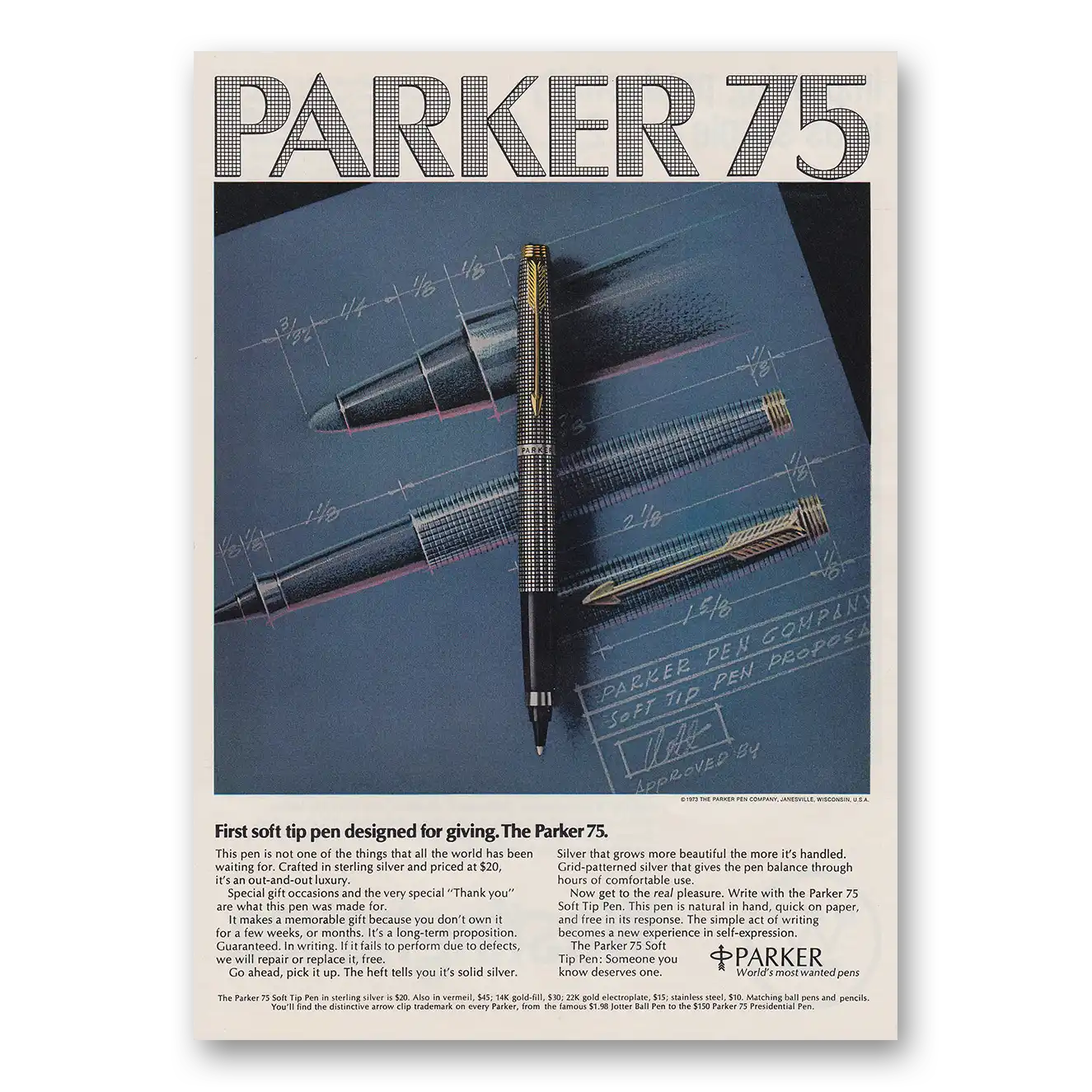 1973 Parker 75 Pen First Soft Tip Pen Designed for Giving Vintage Magazine Print Ad