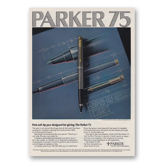 1973 Parker 75 Pen First Soft Tip Pen Designed for Giving Vintage Magazine Print Ad