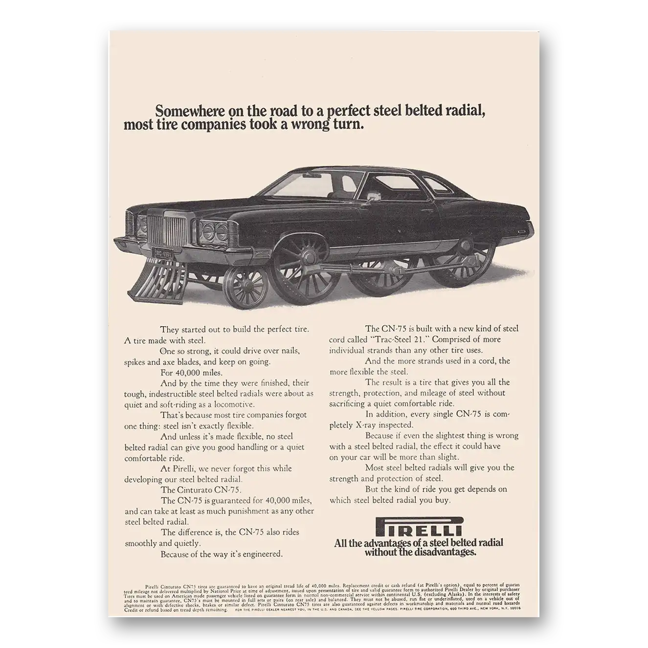 1973 Pirelli Tires Somewhere On the Road to a Perfect Steel Belted Radial Vintage Magazine Print Ad