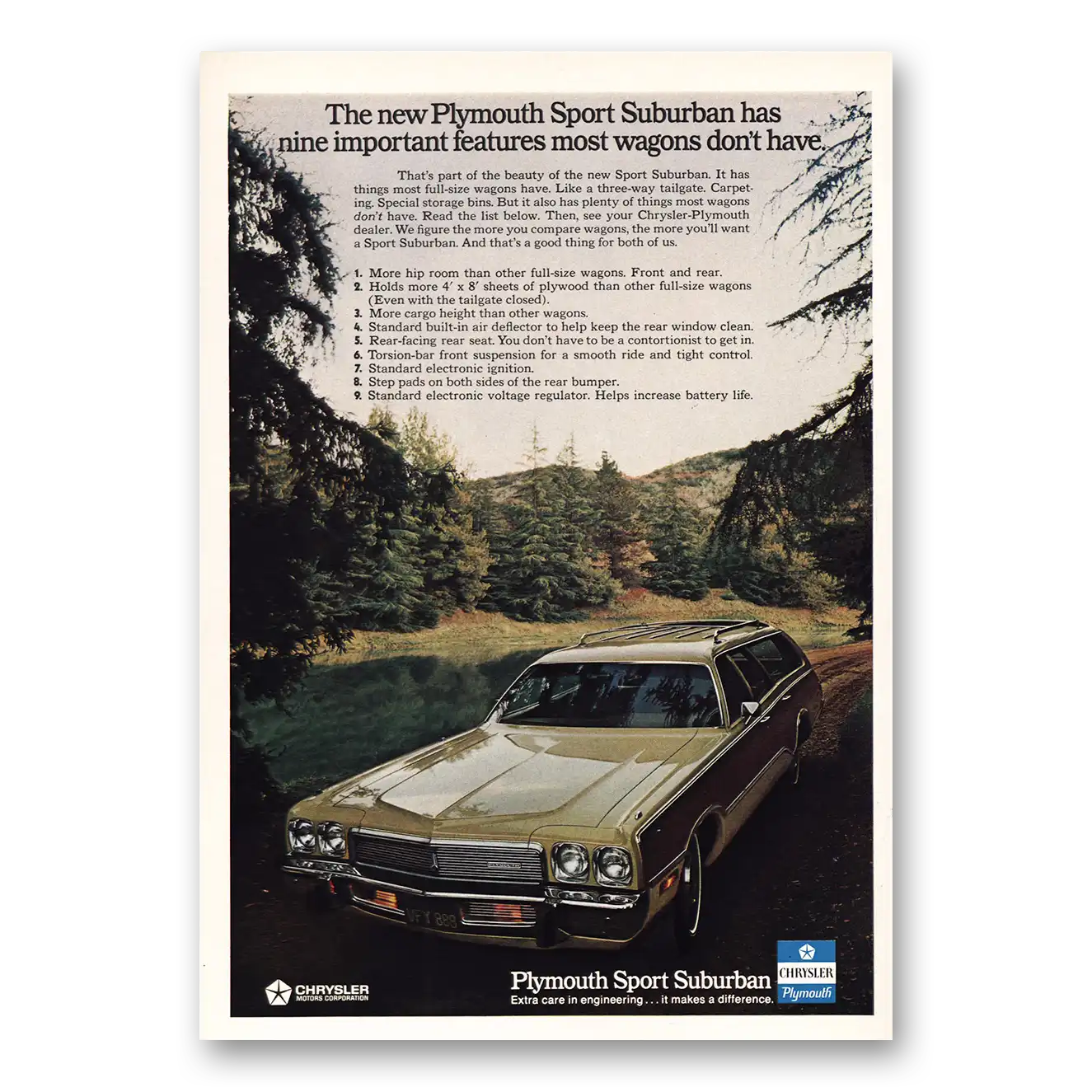 1973 Plymouth Nine Important Features Vintage Magazine Print Ad